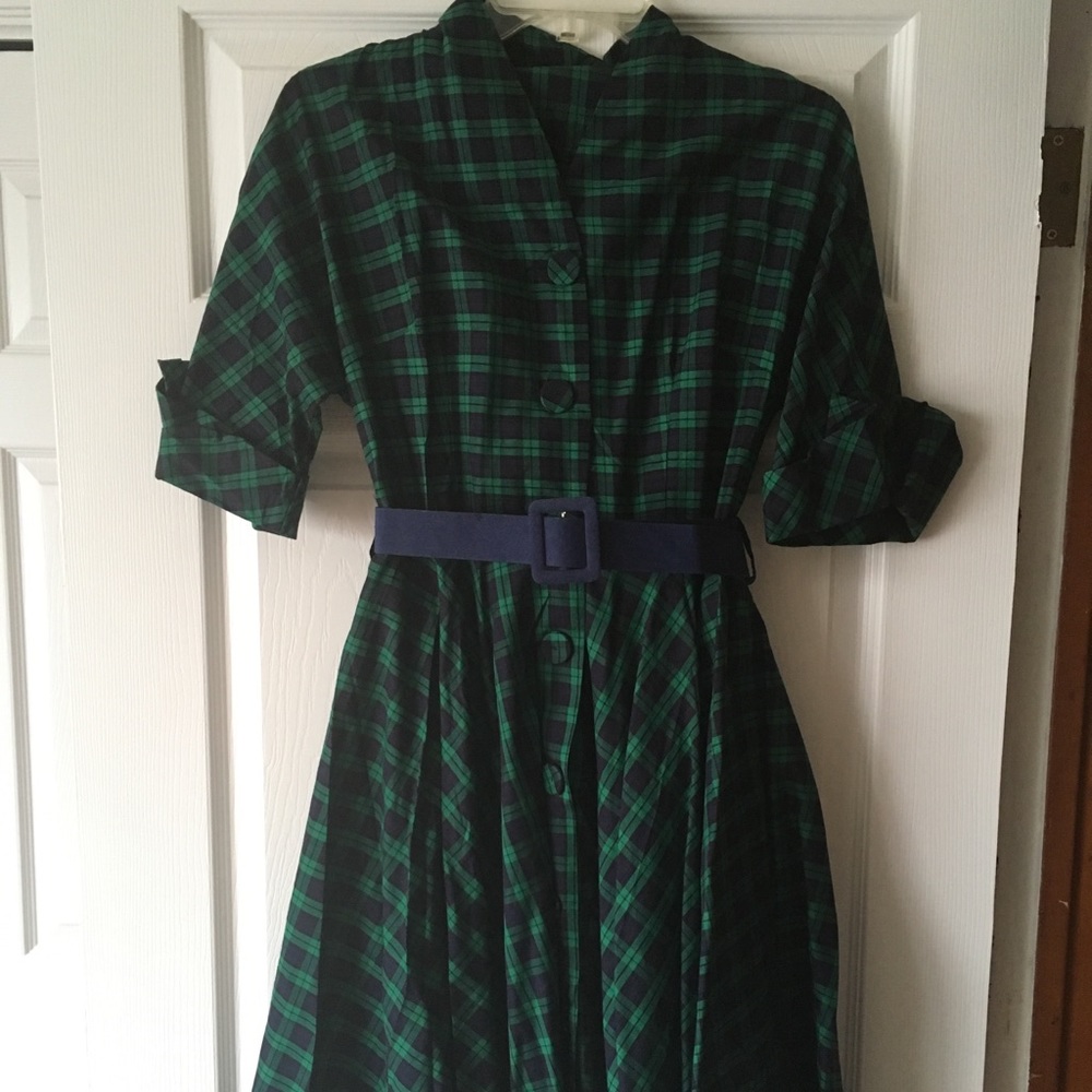 Belted Green and Navy Plaid Retro Shirt Dress